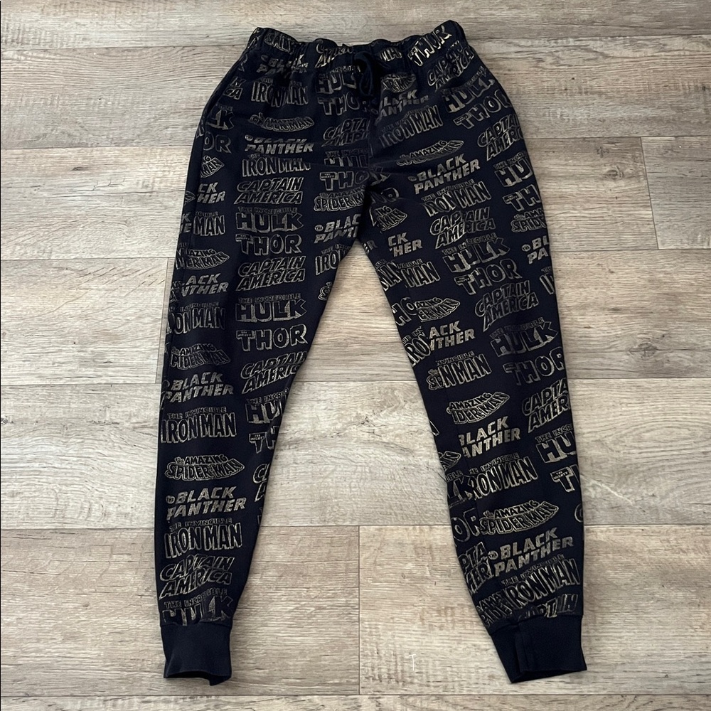 Marvel Avengers Black and Gold Lounge Pants  Super Hero Logos Size M Spiderman
